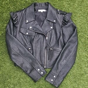 Loveshackfancy Torrez leather ruffle trim jacket